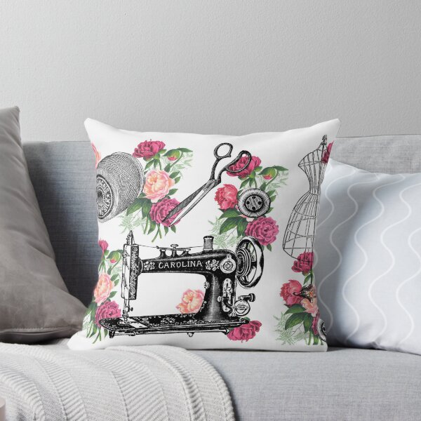Vintage Sewing Pink Roses Throw Pillow