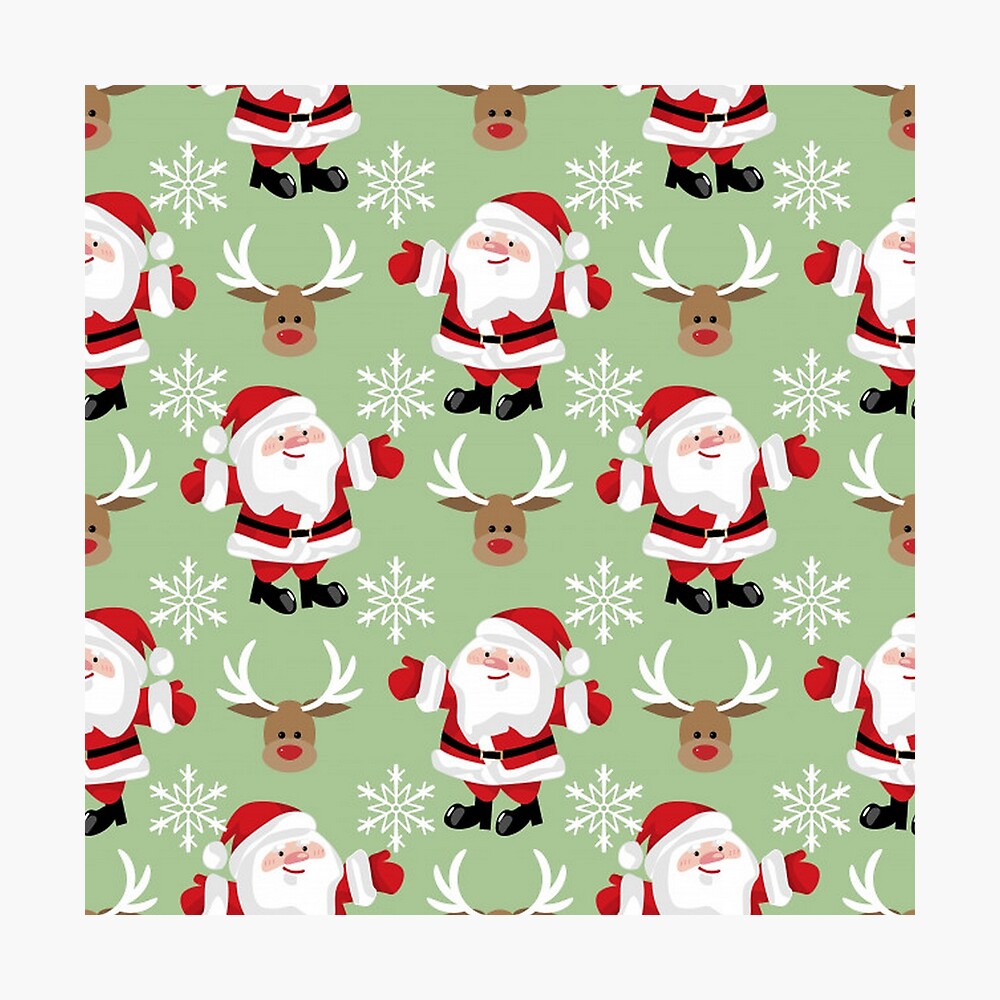 Cute Christmas Santa and Reindeer - Green Background