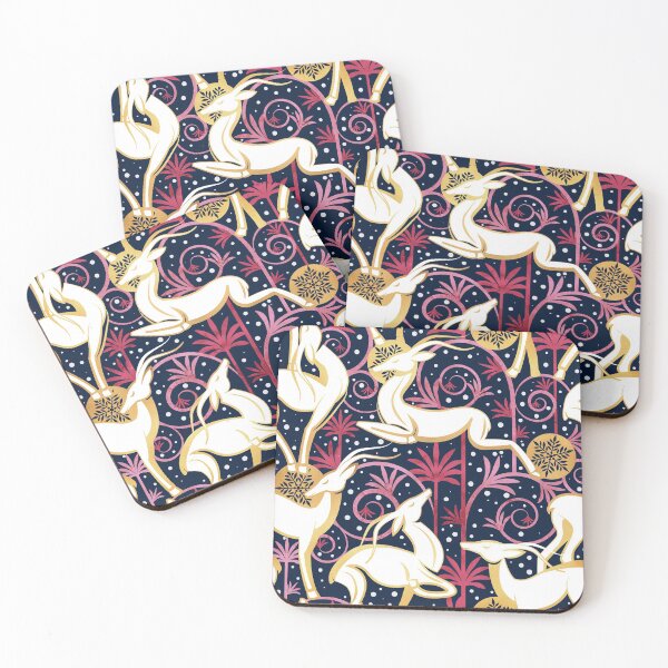 Item preview, Deco Gazelles Christmas Garden // navy background white animals red and metal gold textured decorative elements designed and sold by SelmaCardoso.