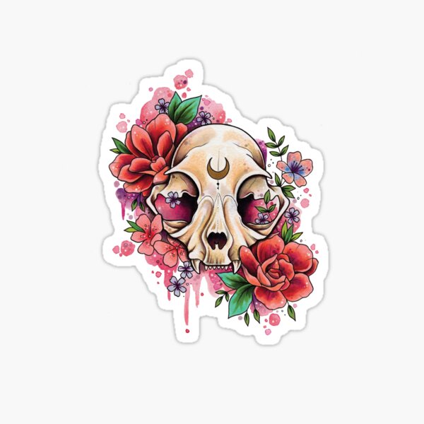 Cat Skull and Roses watercolor design Sticker