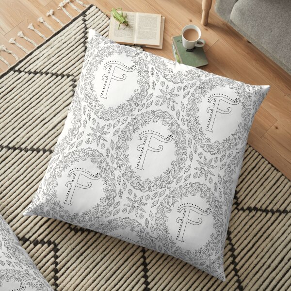 Letter F Black And White Wreath Monogram Initial Floor Pillow