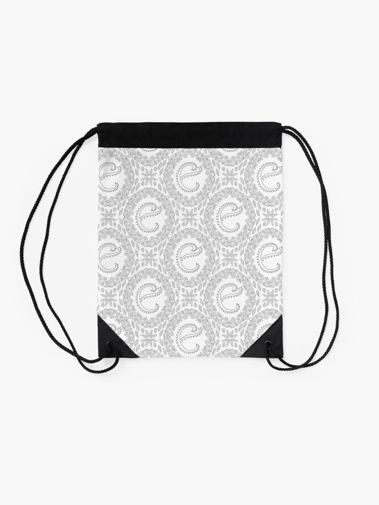 Alternate view of Letter E Black And White Wreath Monogram Initial Drawstring Bag