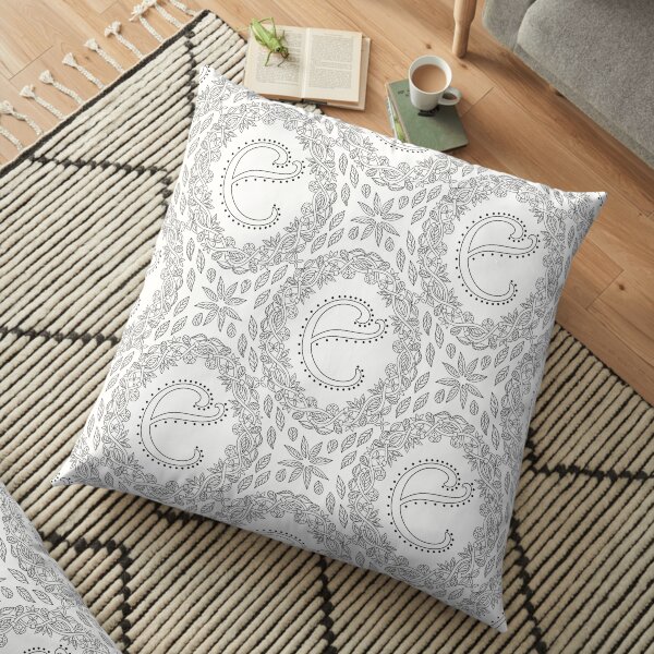 Letter E Black And White Wreath Monogram Initial Floor Pillow