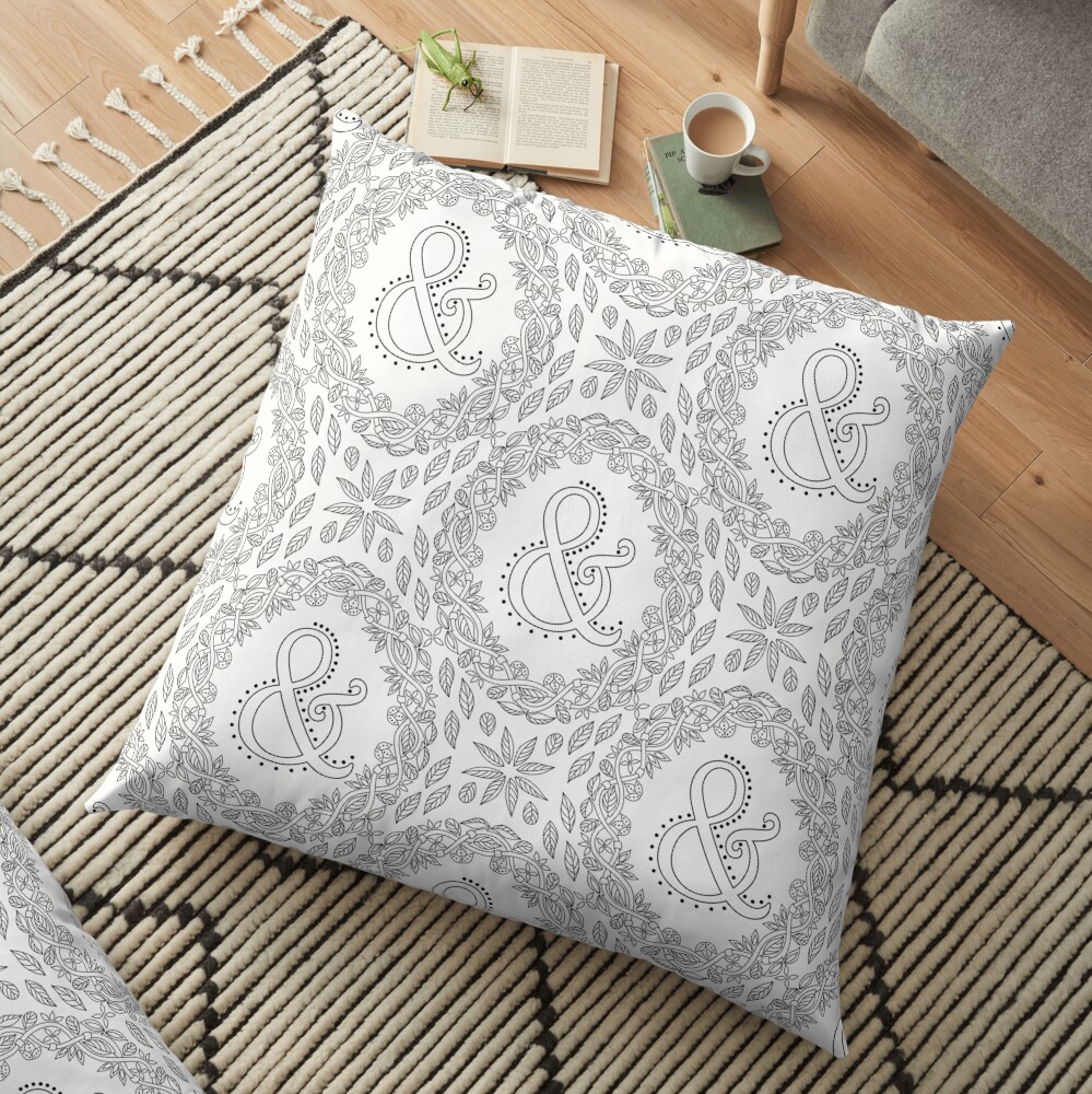 Letter & Black And White Wreath Ampersand Monogram Initial Sign Symbol Floor Pillow