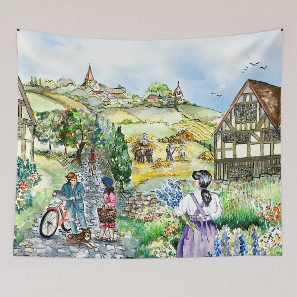 Item preview, European Village Watercolor Sketch designed and sold by Sharon Schwalbe.