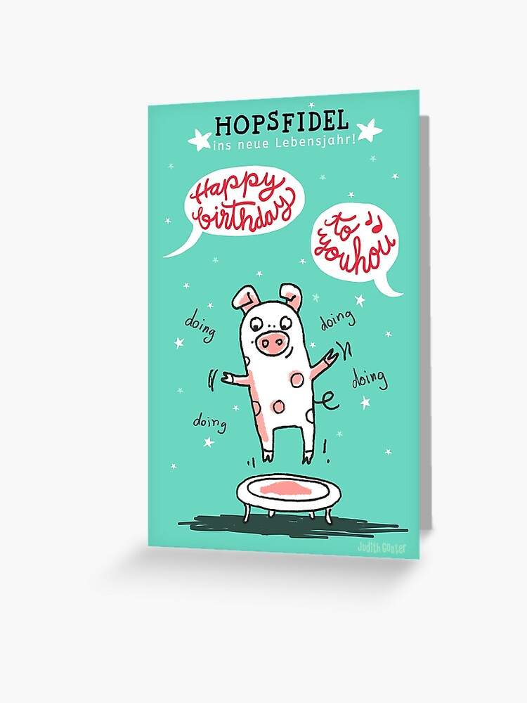 Thumbnail 1 von 2, Grußkarte, Trampolinschweinchen - Hopsfildel ins neue Lebensjahr - Happy birthday to you designt und verkauft von Judith Ganter.
