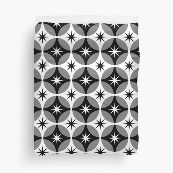 Black and White Mid Century Geometric Star Circle Lock Print Duvet Cover