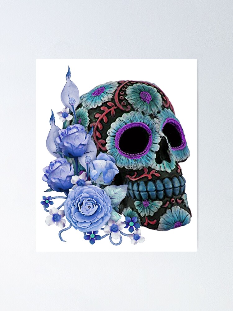 Blue Floral Black Sugar Skull Day Of The Dead