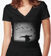 Man In flight with ravens Women's Fitted V-Neck T-Shirt