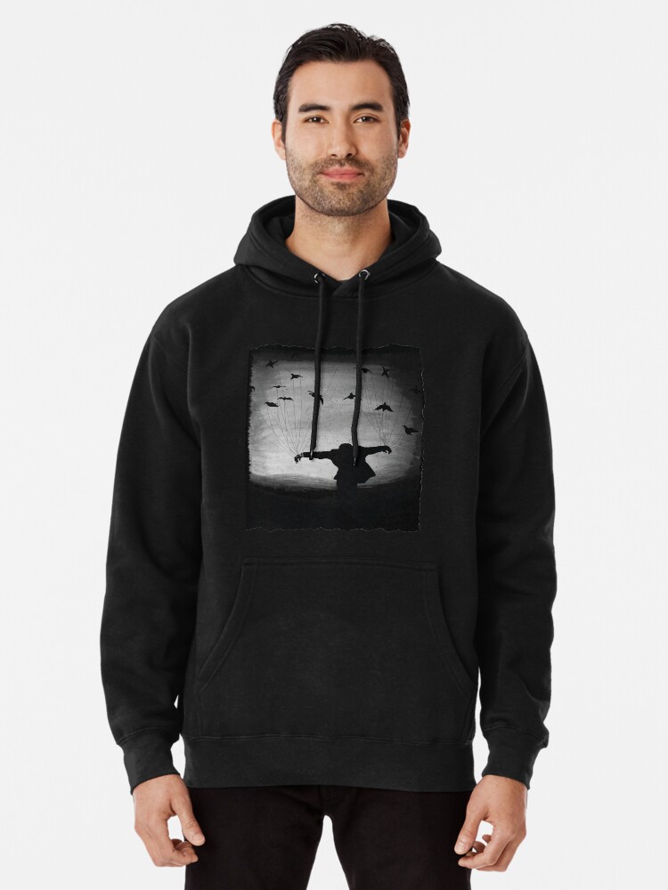Alternate view of Man In flight with ravens Pullover Hoodie