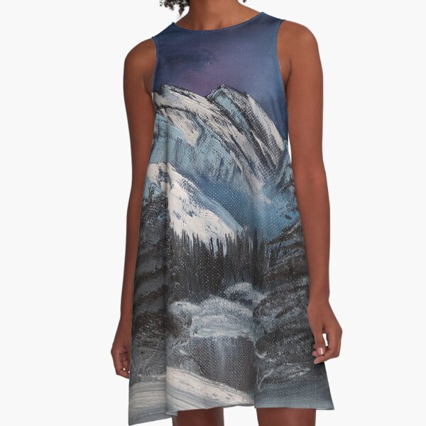 Bob Ross inspired night landscape painting A-Line Dress