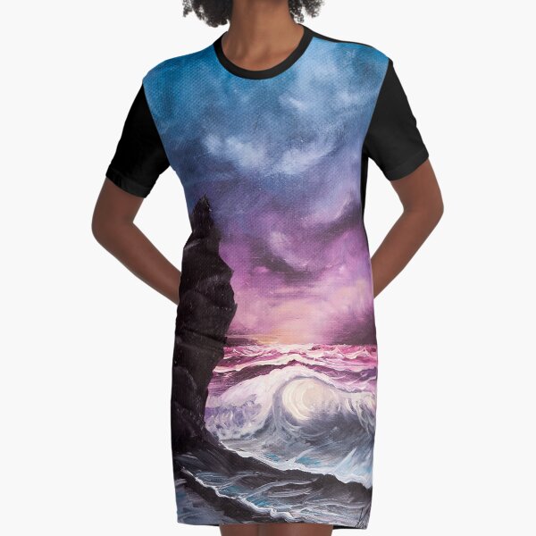 Ocean Sunset Bob Ross style seascape painting Graphic T-Shirt Dress