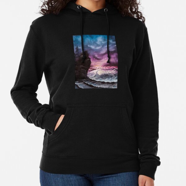 Ocean Sunset Bob Ross style seascape painting Lightweight Hoodie