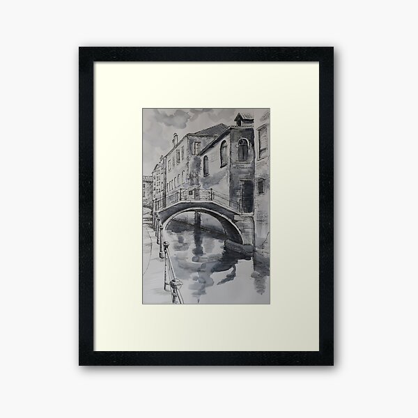 Venice scene in ink and watercolor Framed Art Print