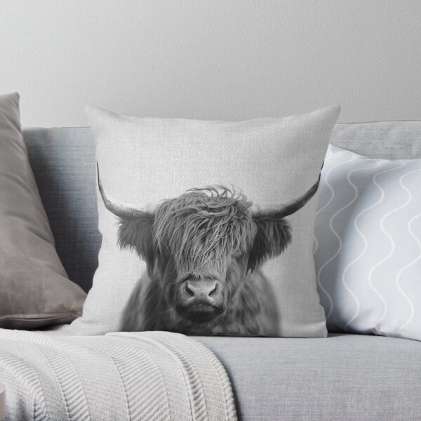 Highland Cow - Black & White Throw Pillow