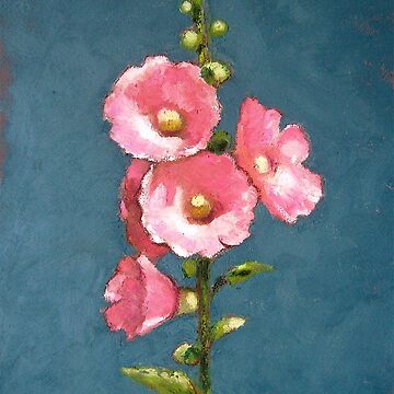 Pink hot hollyhocks and blue bird oil painting for gifts