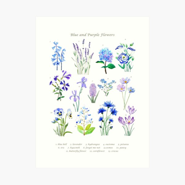 blue and purple flower collection watercolor Art Print