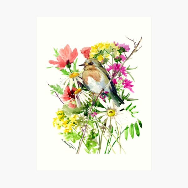 Robin Bird and Summer Flowers Art Print
