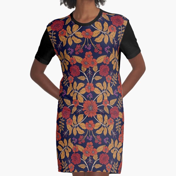 Autumn Floral in Red, Orange and Purple Graphic T-Shirt Dress