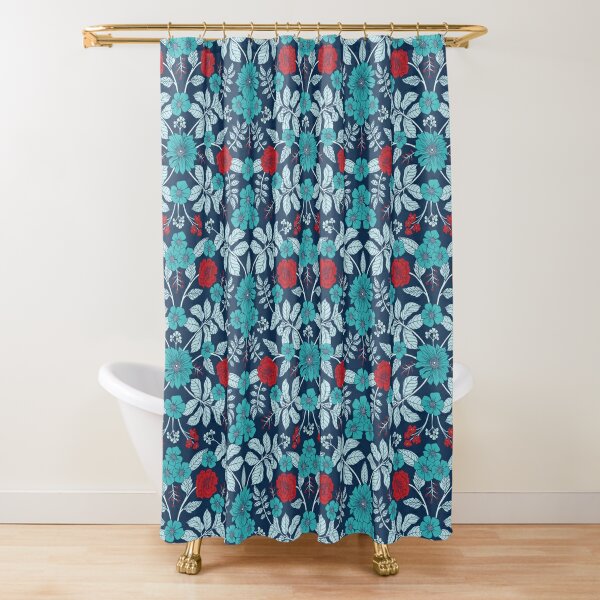 red and turquoise shower curtain