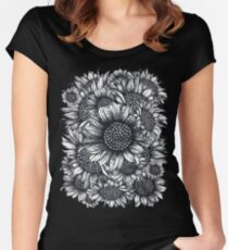 Black, White, Sunflowers, flowers, print, Fitted Scoop T-Shirt