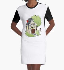 Beige Cartoon House Graphic T-Shirt Dress
