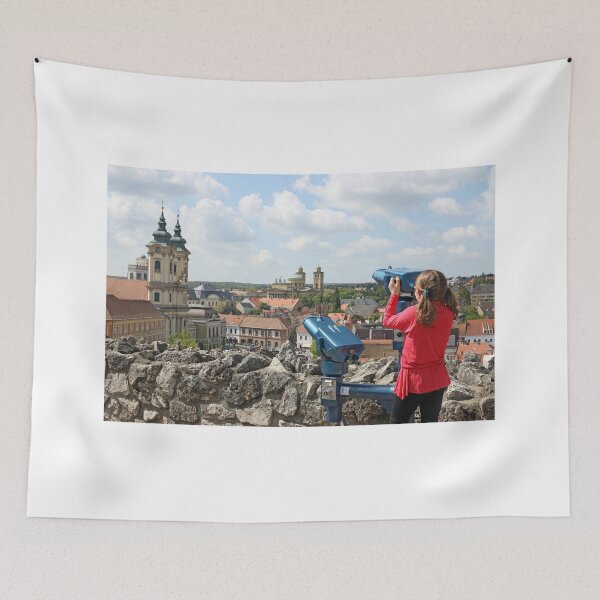 Item preview, little girl looking through sightseeing binoculars on Eger Hungary designed and sold by goceris.