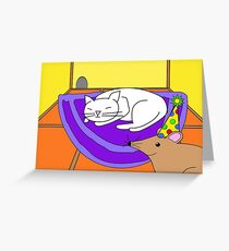 Sleeping Cat and Party Mouse Greeting Card