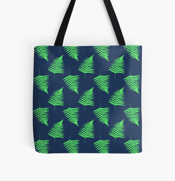 Navy and Lime Fern Pattern All Over Print Tote Bag