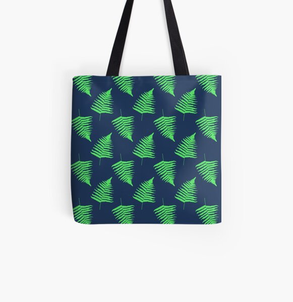 Navy and Lime Fern Pattern All Over Print Tote Bag
