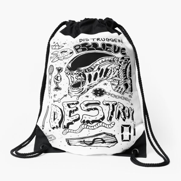 Black traditional flash set illustration - Alien & Destroy Drawstring Bag