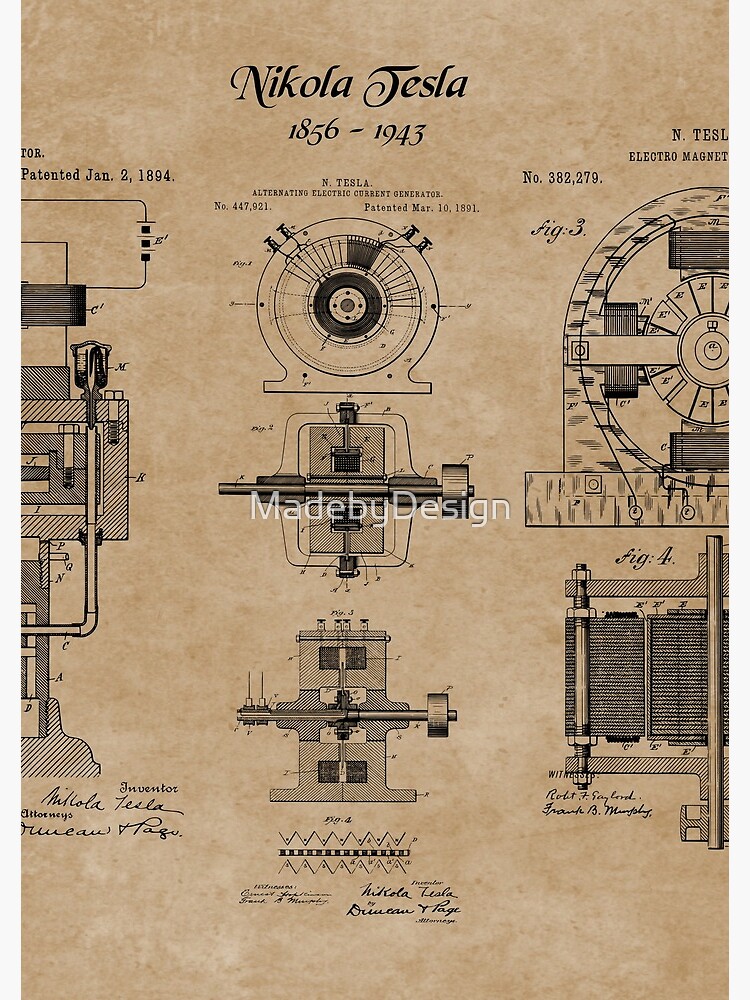 Nikola Tesla Electric Generator Inventions Patent Blueprints Spiral ...