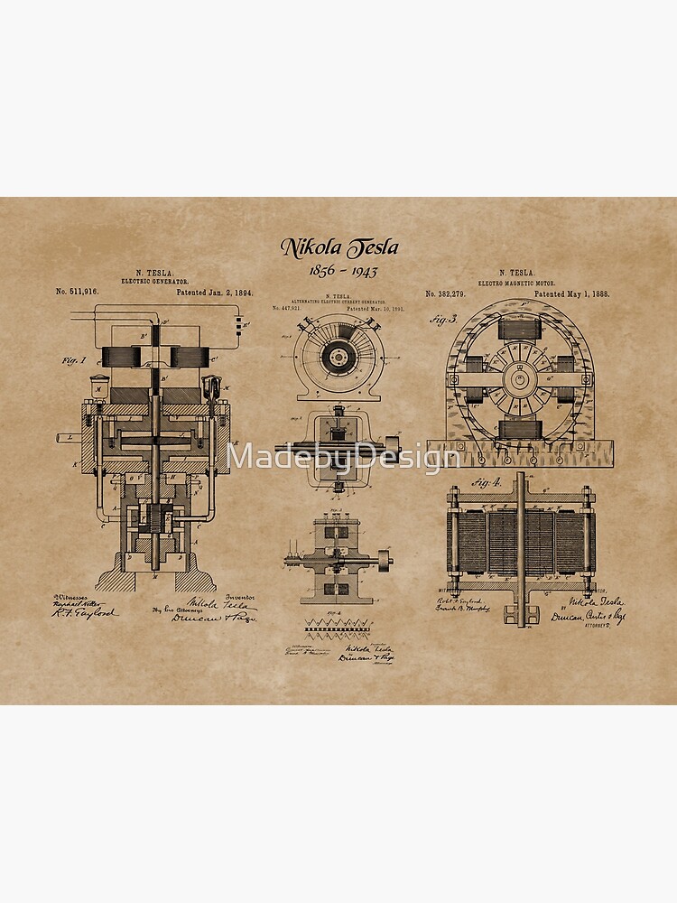"Nikola Tesla Electric Generator Inventions Patent Blueprints" Poster