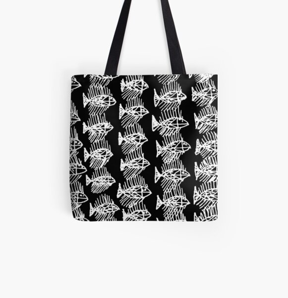 White and Black Abstract Fish All Over Print Tote Bag