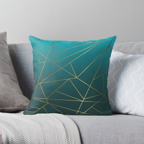 Teal Ombre and Metallic Gold Geometric Design Throw Pillow