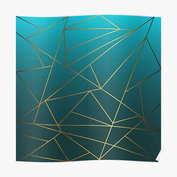 Teal Ombre and Metallic Gold Geometric Design Poster