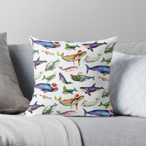 Whales on Holiday by dotsofpaint - White Throw Pillow