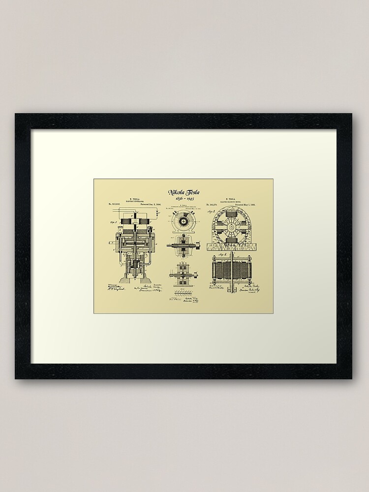 Tesla Electric Inventions Vintage Patent Blueprints Framed Art Print By Madebydesign Redbubble
