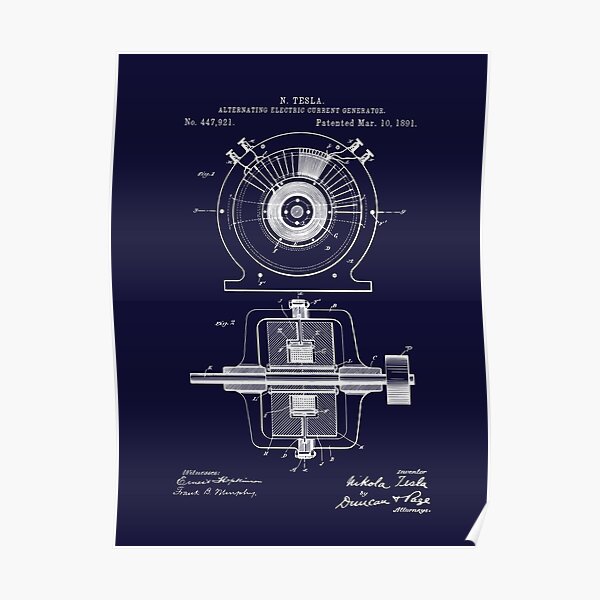 Nikola Tesla Alternating Electric Current (AC) Generator Patent Print