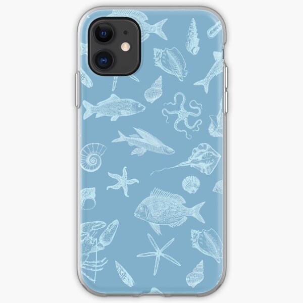 Sea things, shells, fish, shellfish - light blue, blue background iPhone Soft Case