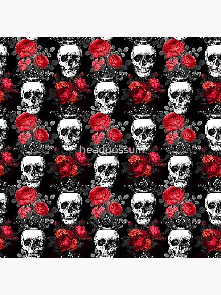 Skulls crowns and faded red roses on a dark black wrapping paper