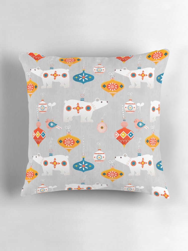 Thumbnail 3 of 4, Pillow, Christmas retro baubles with polar bear and bird designed and sold by ShowMeMars.