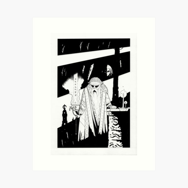 Elven ghost wizard - Fantasy ink drawing - Black white illustration Art Print