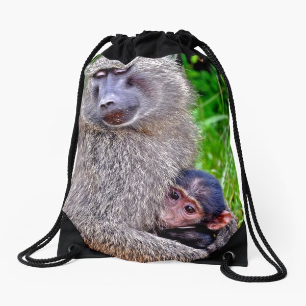 Mother and Baby Baboon from Uganda, Africa Drawstring Bag