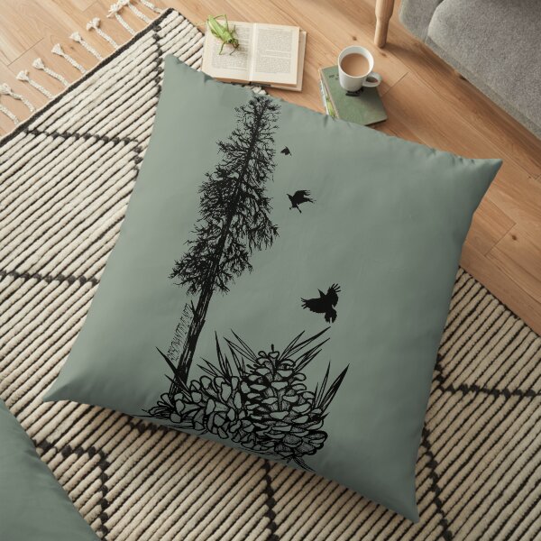 Pacific Northwest tree with crows and pinecones Floor Pillow