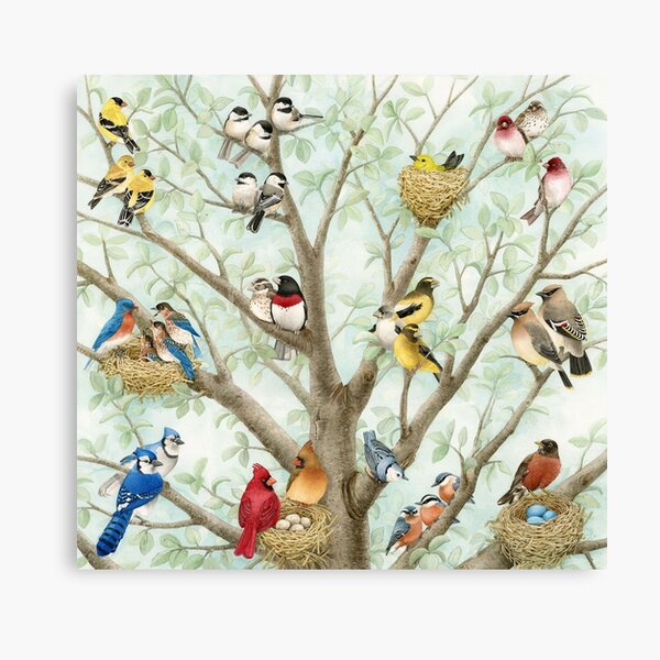 Cardinals and Blue Jay in Birch Tree Painting by Gail Dolphin