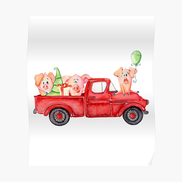 Christmas Retro Truck with Tree and Cute Pigs Poster