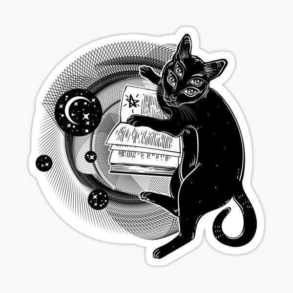 Boho noir intelligent, chat magique démon à quatre yeux, lisant le livre de Necronomicon. Sticker