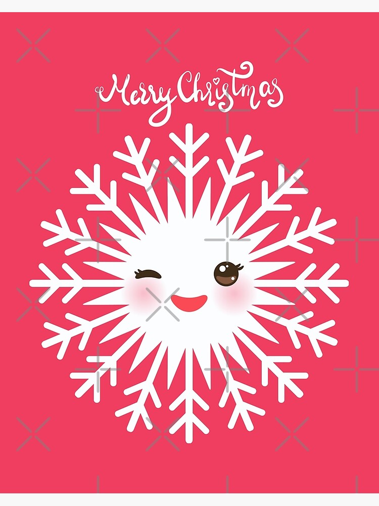 Lamina Rigida Tarjeta Divertida De La Feliz Navidad Cara Divertida Blanca Del Copo De Nieve De Kawaii Con Los Ojos Y Mejillas Rojas En Fondo Rosado De Ekaterinap Redbubble