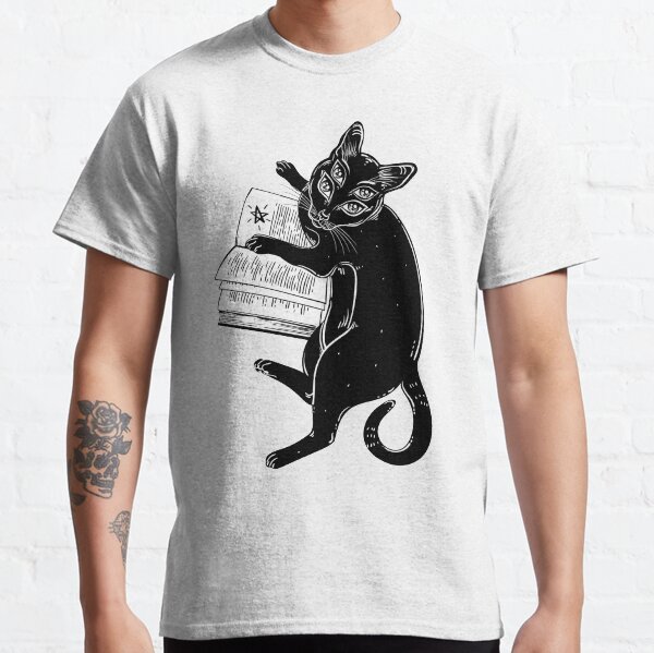 Smart black boho four eyed demon magic cat reading the necronomicon book. Classic T-Shirt
